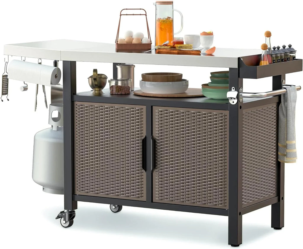 53-Inch Dining Cart Table Storage Cabinet with  Stainless Steel Countertop, Rolling Kitchen Island Worktable with Side Shelf and Wheels for Indoor Outdoor