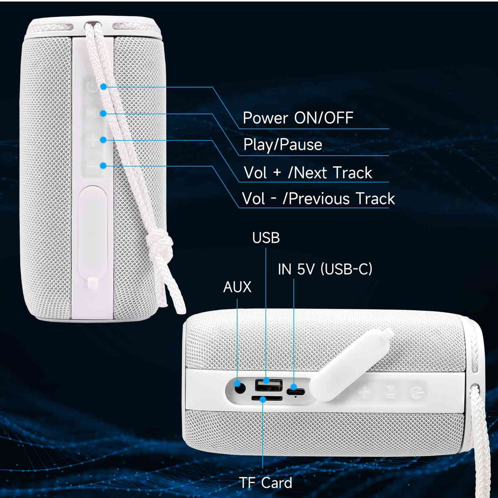 UrbanX X808 Bluetooth Speaker, IPX5 Waterproof Speakers 360°  Surround Sound with Punchy Bass, True Wireless Pairing, BT5.3, Portable Speaker for  C5 Max - White