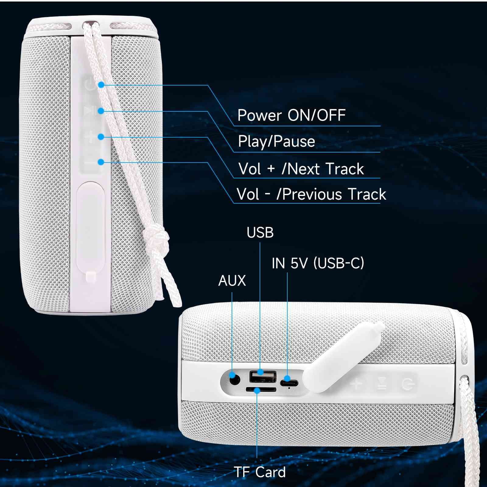 UrbanX X808 Bluetooth Speaker, IPX5 Waterproof Speakers 360°  Surround Sound with Punchy Bass, True Wireless Pairing, BT5.3, Portable Speaker for  C5 Max - White