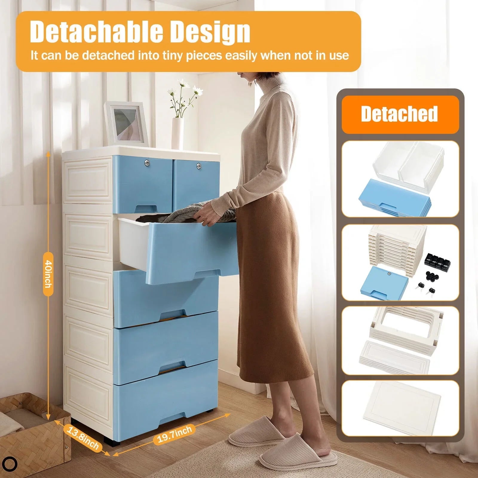 6 Drawer Plastic Storage Tower Closet Organizer with 4 rollers for Home, Office (Blue)