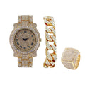 Bling-ed Out Round Luxury Mens Watch w/Bling-ed Out Cuban Bracelet and Iced King Ring Set - L0504  3pc Set(11,Gold #Blue)
