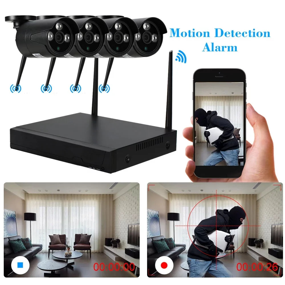 Radirus Wireless  System, 4pcs 1.0MP WiFi  Camera, 4CH 1080P  Kit, Phone Control