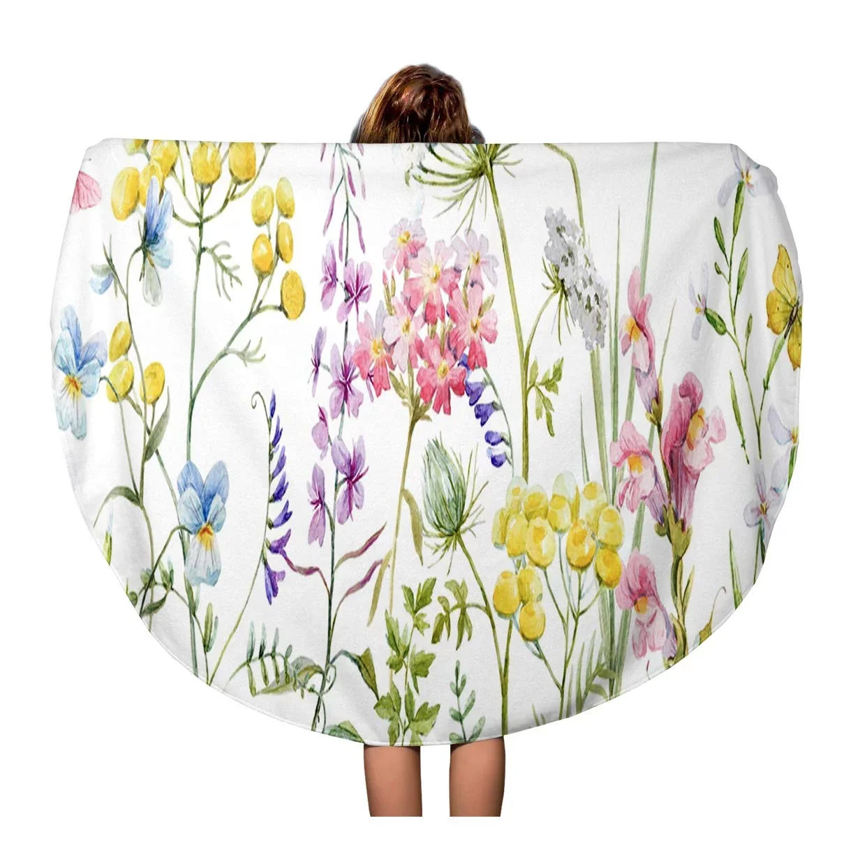60 inch Round Beach Towel Blanket Watercolor Wildflowers Tansy Yellow Buttercup Blue Pansies Tender Pink Travel Circle Circular Towels Mat Tapestry Beach Throw