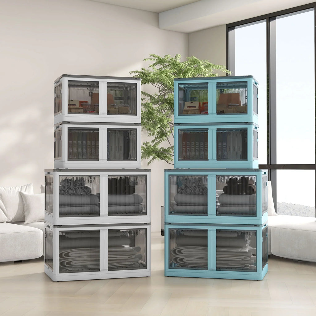 Stackable Storage Bins with Lids, Wheels, and Collapsible, Blue
