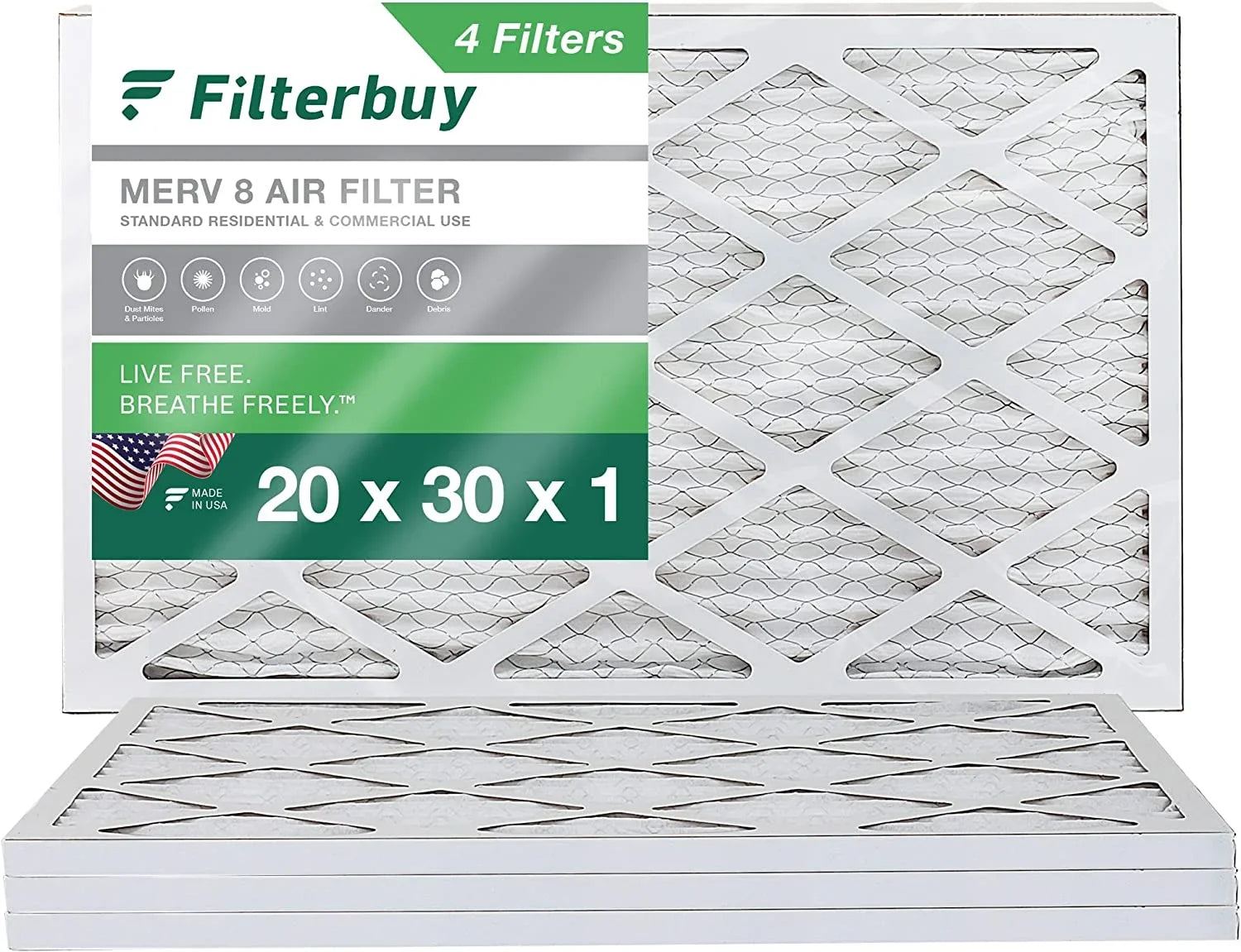Filterbuy 20x30x1  8 Pleated   Furnace Air Filters (4-Pack)