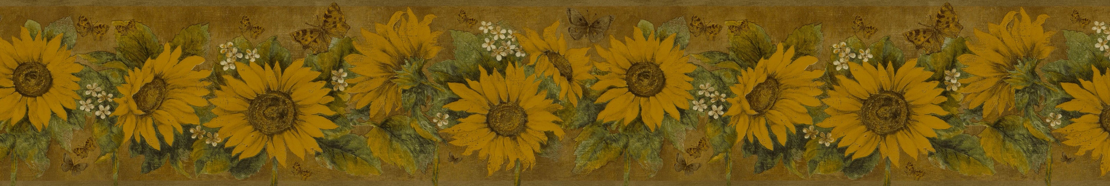 Dundee Deco Peel and Stick Self Adhesive Wallpaper Border - Floral Yellow, Mustard Sunflowers, Butterflies, 15 ft x 7 in