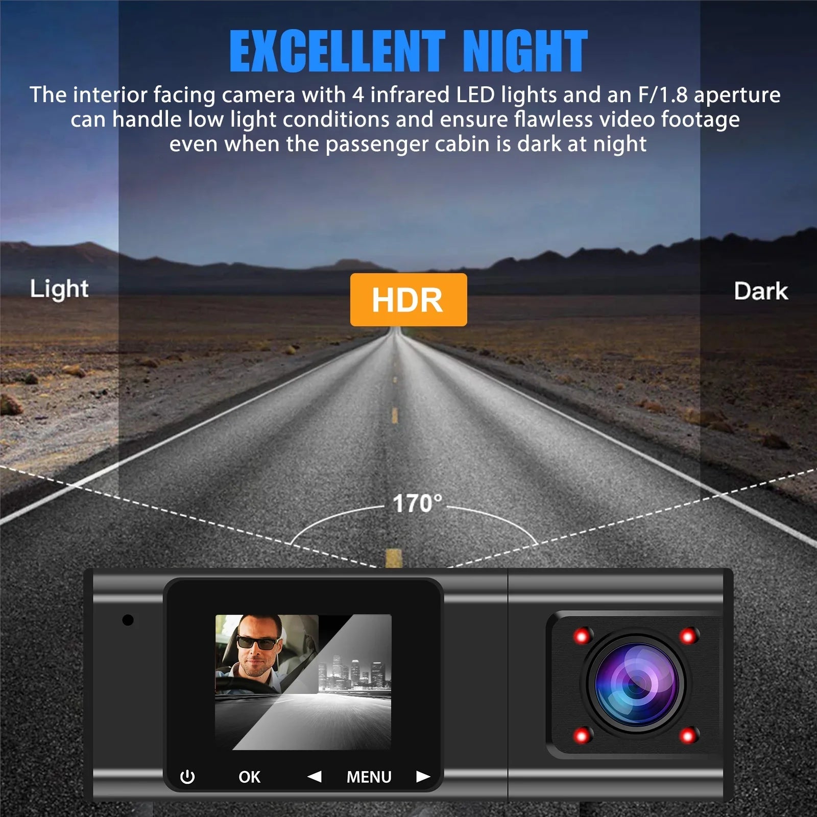 Dual Dash Cam,  1080P Dual Lens Front Insides Camera,  Car  Driving Recorder with Night Vision, 170° Wide Angle, Loop Recording, G-Sensor, Parking Mode - Black