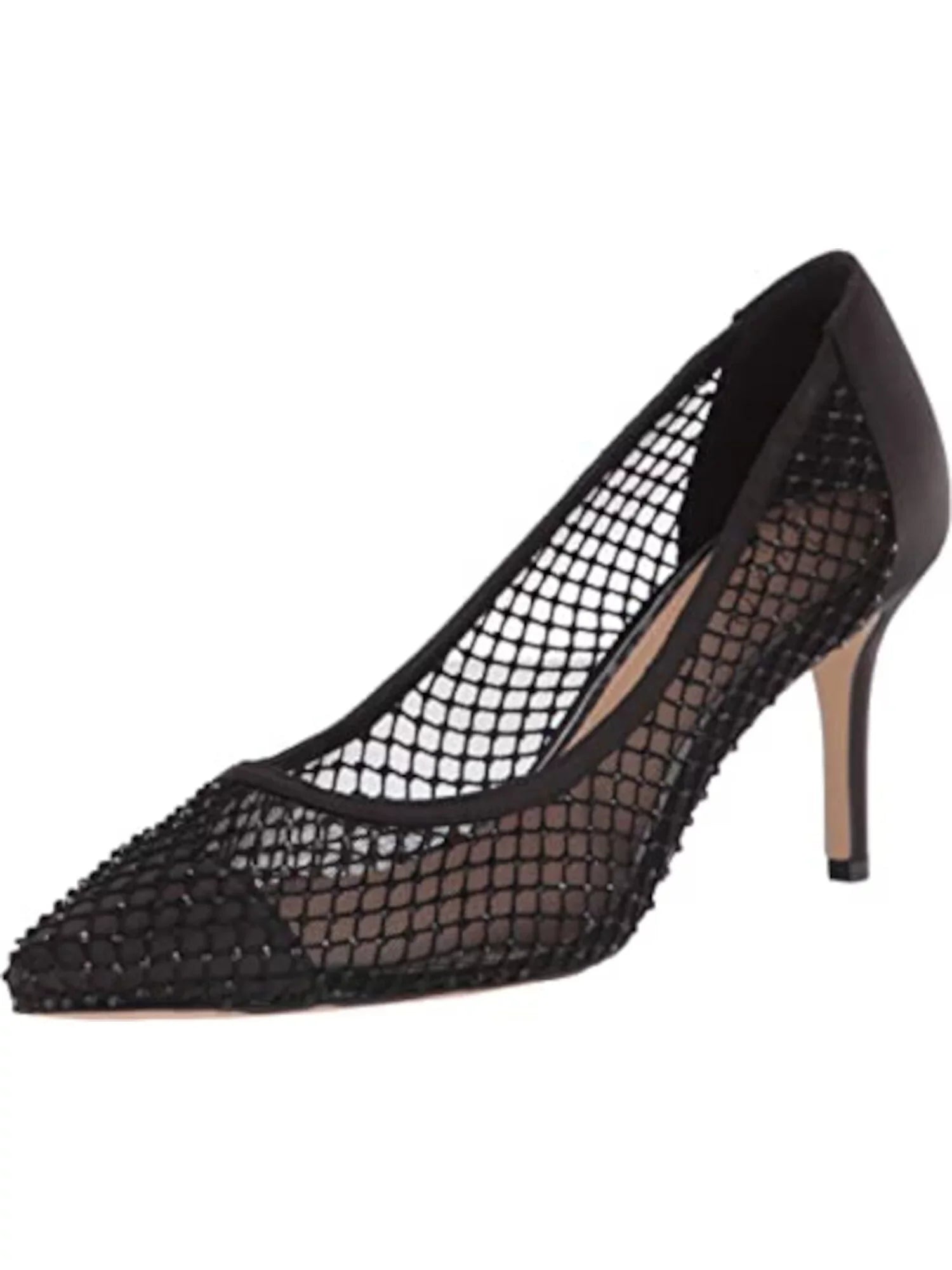 Womens Black Fishnet Rhinestone Padded Floria Pointed Toe Stiletto Slip On Dress Pumps Shoes 5.5