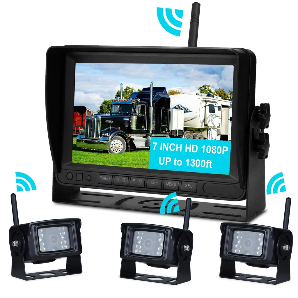 7" Display  1080P Wireless 3CH Rear View Backup Camera Kit for Truck Trailer