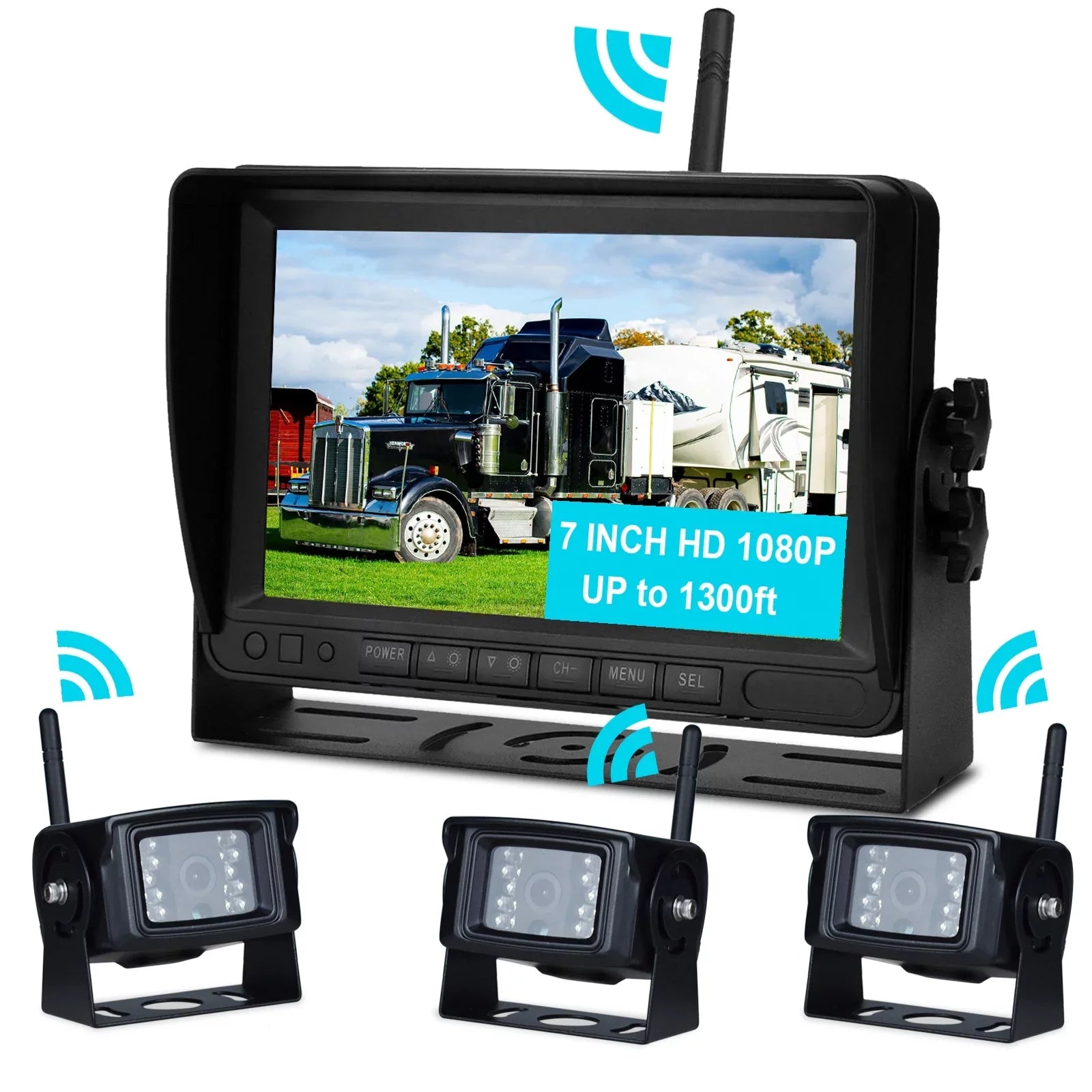 7" Display  1080P Wireless 3CH Rear View Backup Camera Kit for Truck Trailer