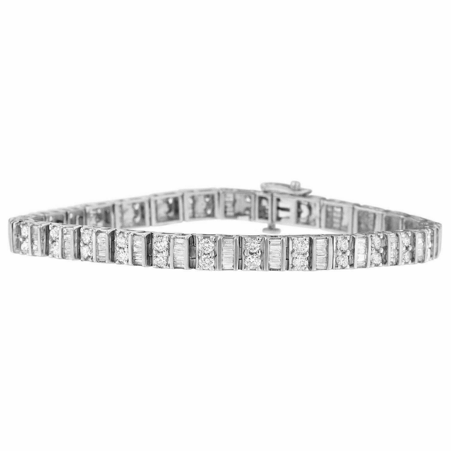 4ct Natural Diamond(I-J)Baguette & Round Cut Tennis Bracelet 14K White Gold SI1