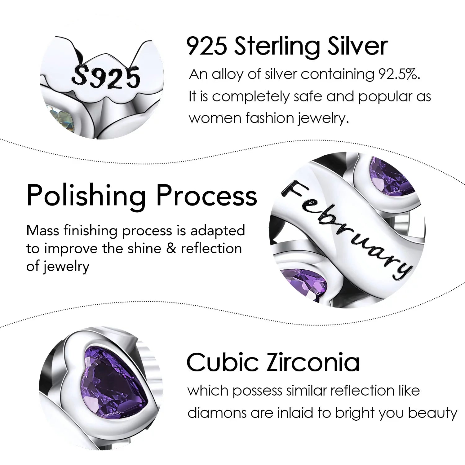 February Birthstone Charms for Pandora Bracelets 925 Sterling Silver Love Heart Openwork Bead Charms