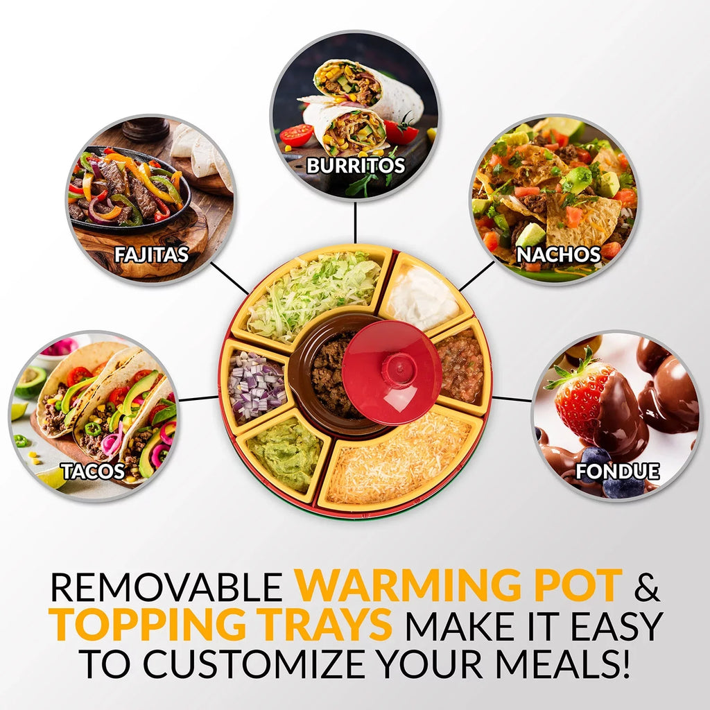 Taco Tuesday TTLSTB10 Lazy Susan Taco Bar with 20-Oz. Warming Pot, Includes 4 Taco Holders
