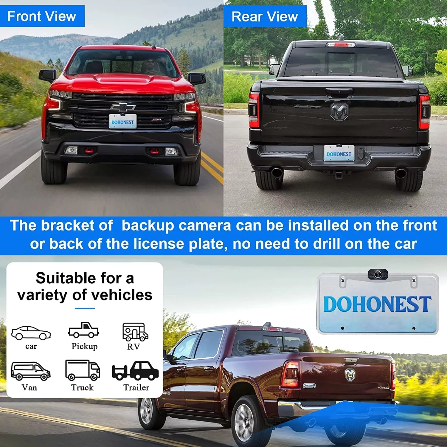 DoHonest Wireless Backup Camera 7-Inch: Plug and Play Easy to Install Truck Car Monitor Kit  1080P Bluetooth Reverse Cam for Pickup Camper Van Stable Signal 2 Channel Night vision Auto-Switching V