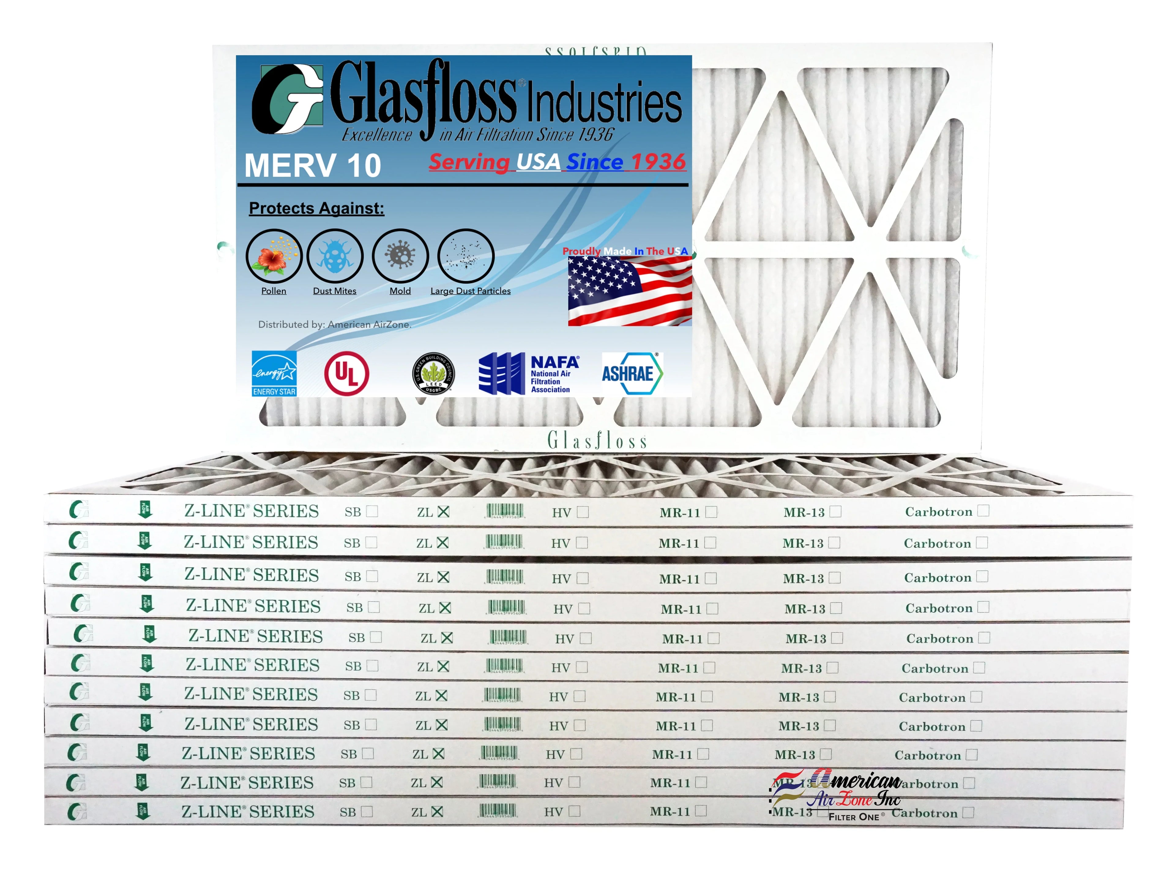 Glasfloss 20x30x1 -  10 -Qty:12 - Furnace Air Filter - Made in  (Actual Size: 19.5 x 29.5x7/8 inch)