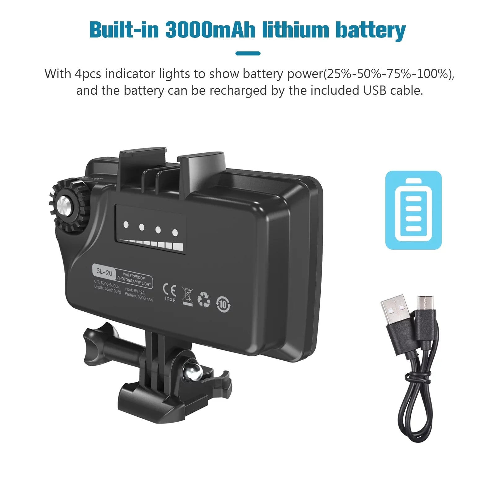 Tomshoo -20 Waterproof  Fill Video 8 Modes CRI95+ Dimmable IPX8 Underwater 40M Built-in Rechargeable Battery for Diving Snorkeling Underwater Photography Video Replacement for