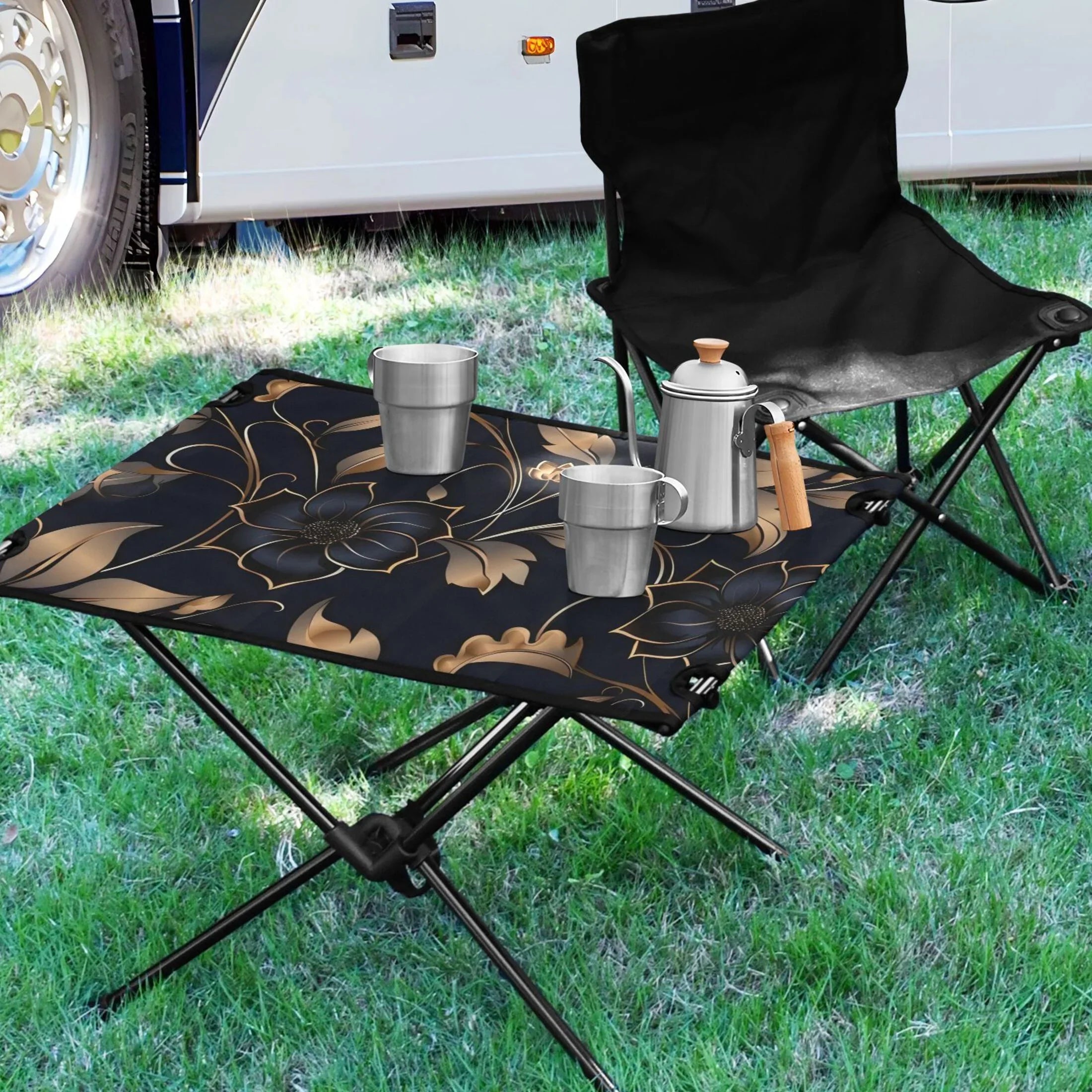 Flower on Black Camping Folding Table Portable Beach Table with Storage Bag Compact Picnic Table for Outdoor Travel Fishing