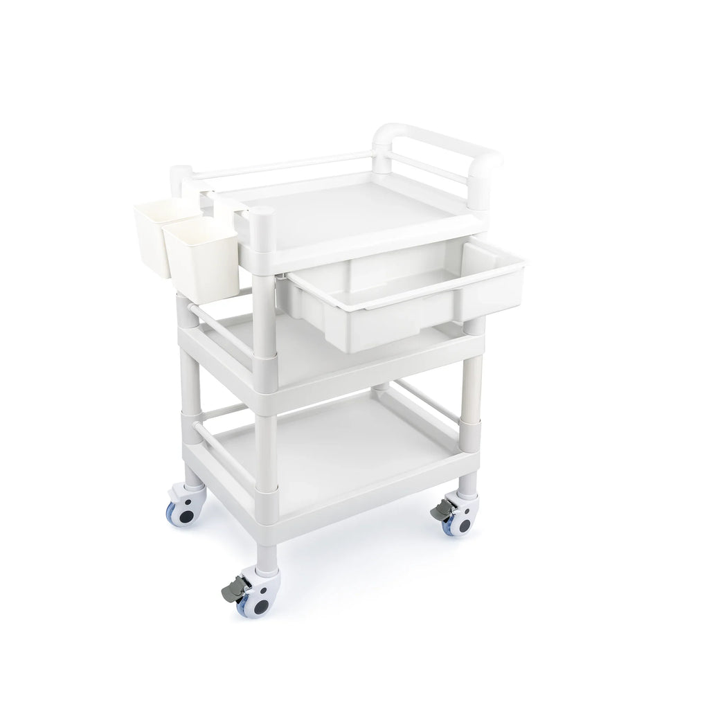 Medical Mobile Trolley Cart 3 Tier 500 Lbs Spacious Beauty Salon Rolling Trolley with Dirt Buckets Drawers 360°Rotate Wheels Heavy Duty Medical Utility Cart for Hospital Dental Clinic