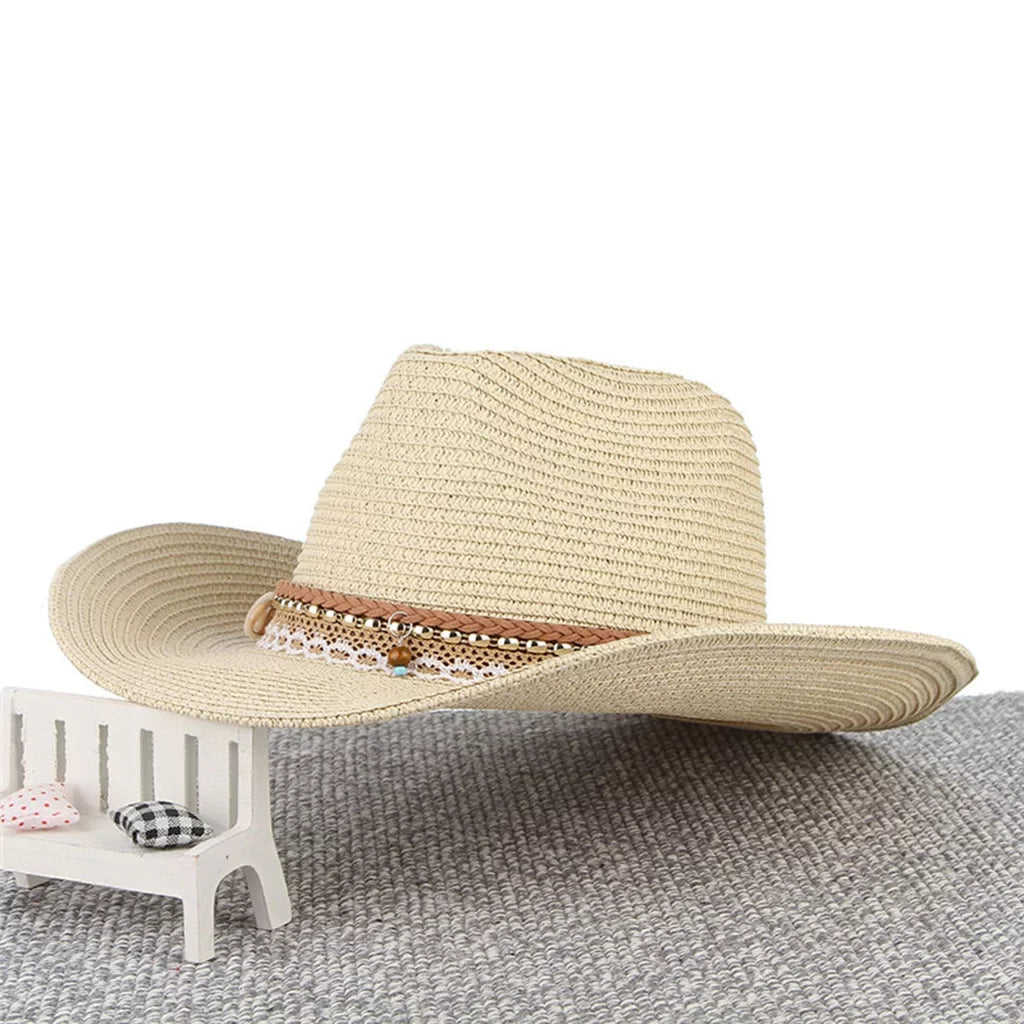 Women Straw Sun Hat Cowboy Western Style Big Brim Floppy Packable Trilby Beige
