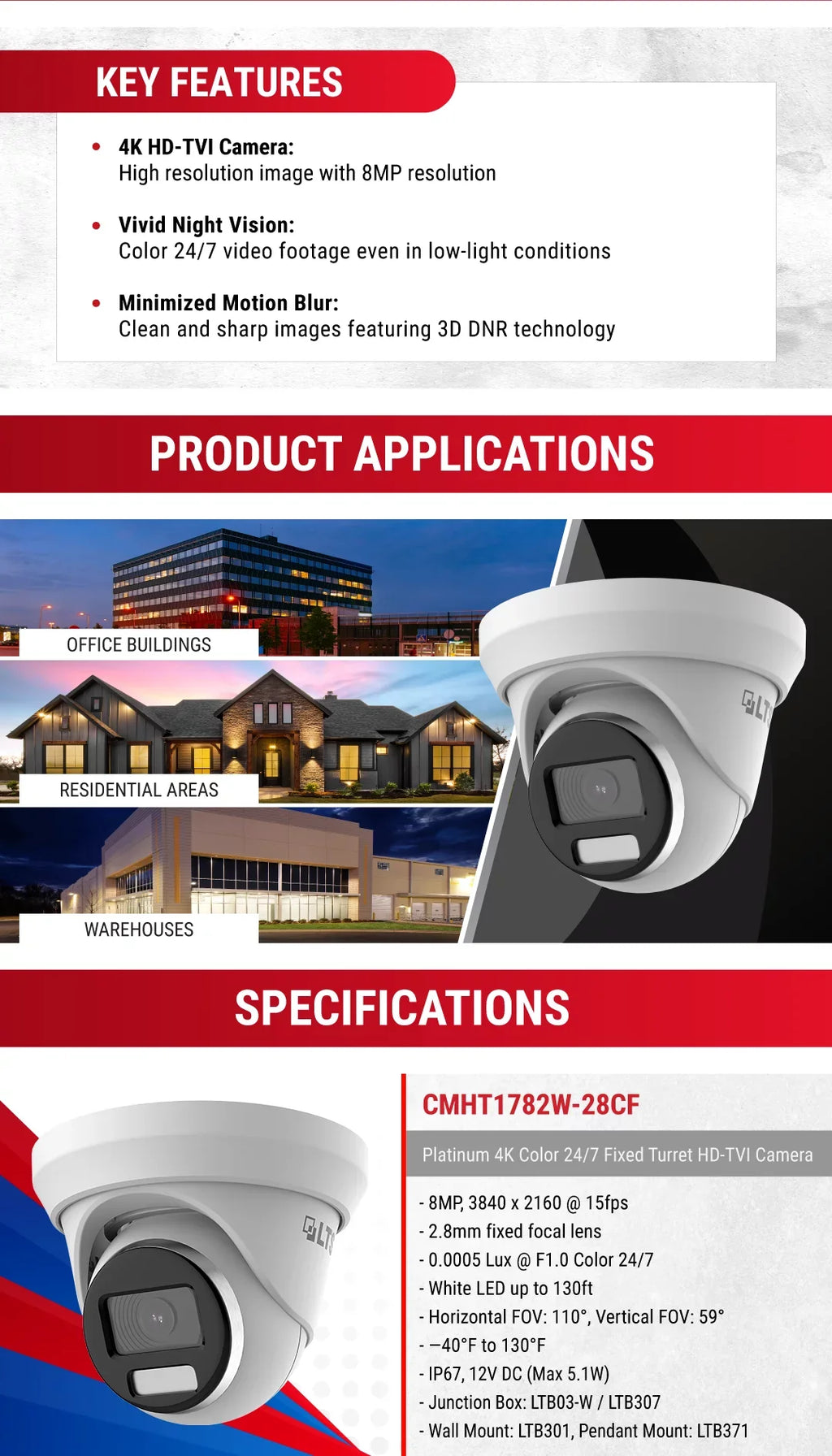 CMHT1782W-28CF - 8MP/4K 247 Full Color 2.8mm  131ft  Turret Camera LTCMHT1782W-28CF