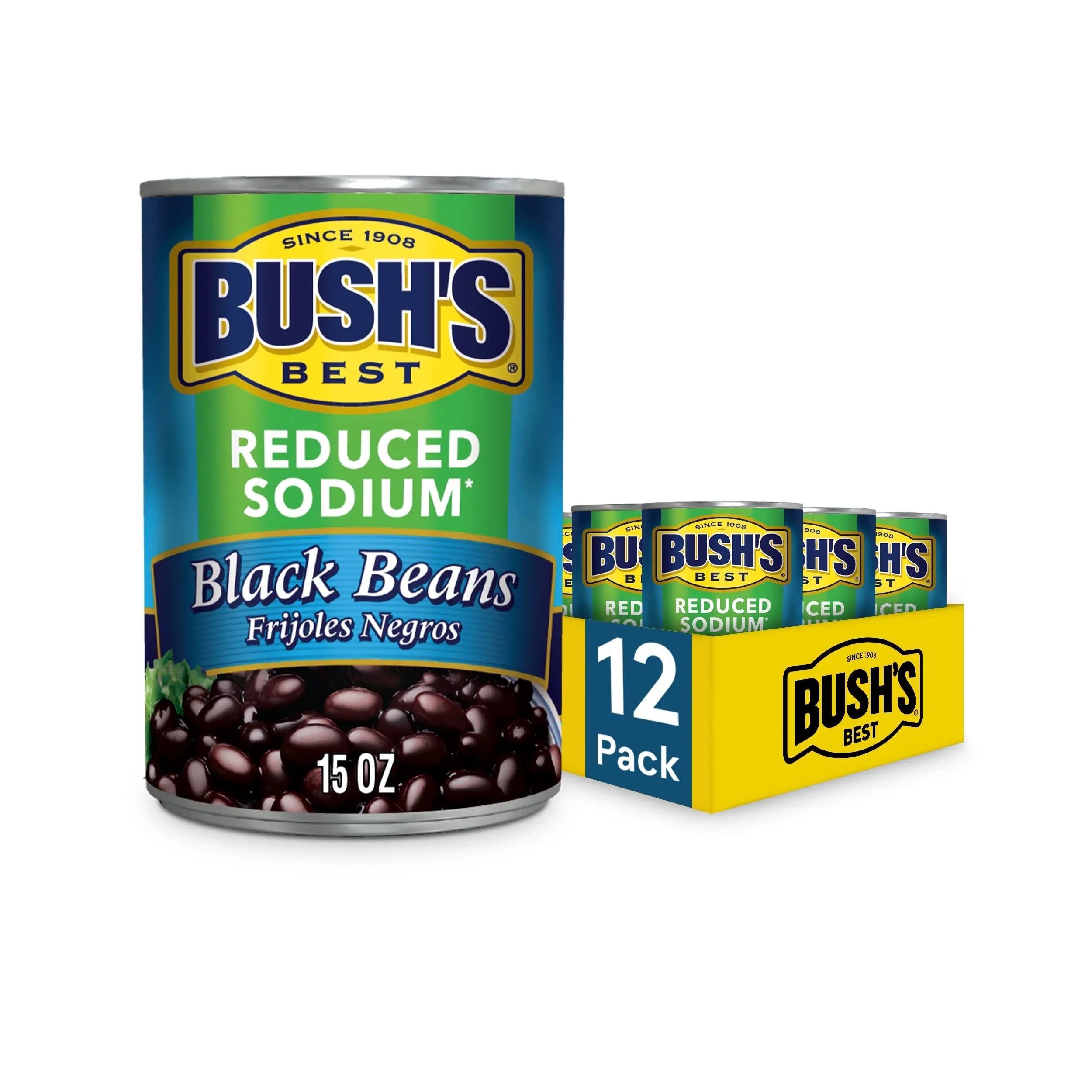 Bush,S Best 15 Oz Canned Reduced Sodium Black Beans, Source Of Plant Based Protein And Fiber, Low Fat, Gluten Free, (Pack Of 12)