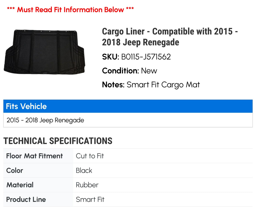 Cargo Liner - Compatible with 2015 - 2018 Jeep Renegade 2016 2017