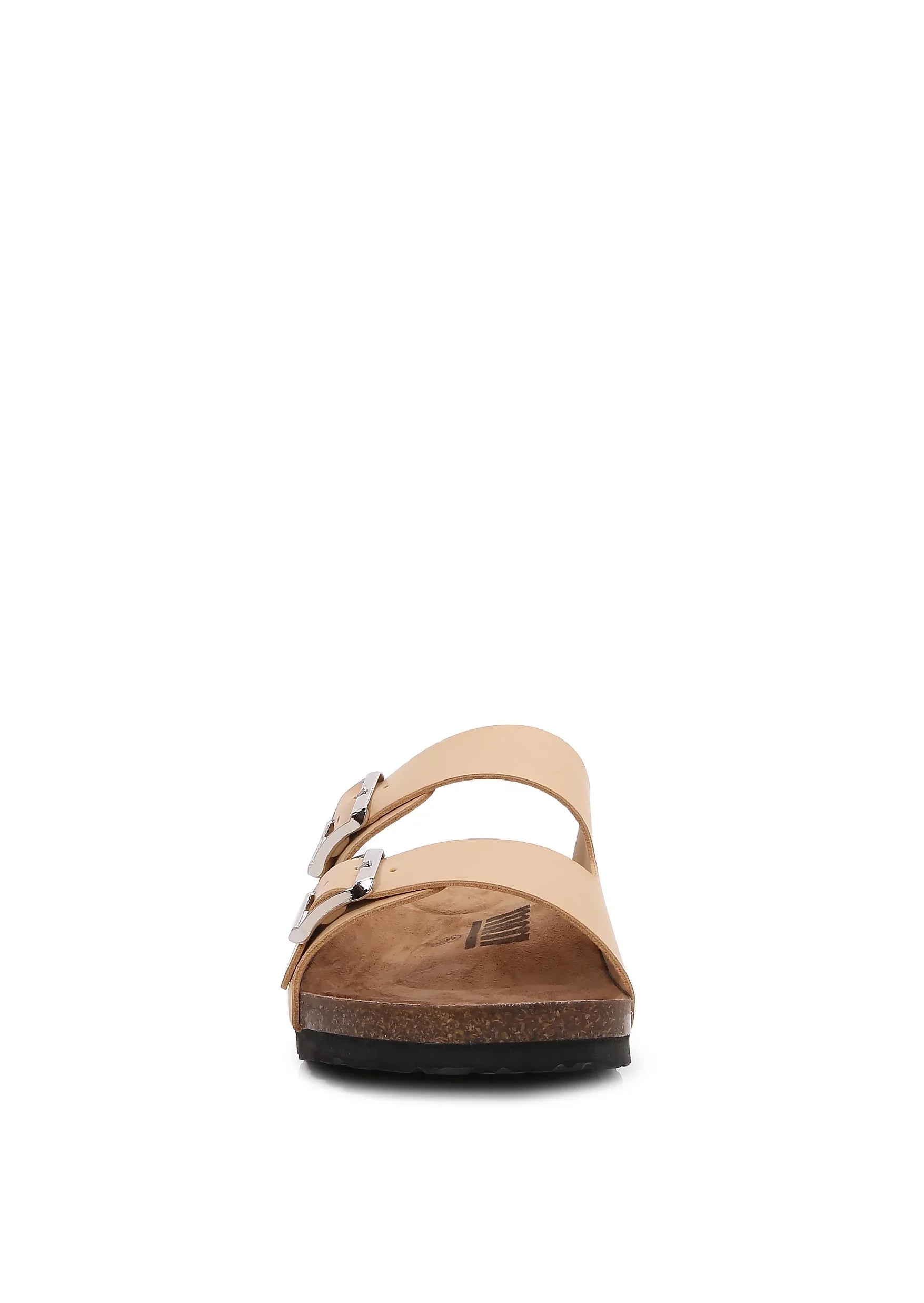 Women Soft Cork Cushioned Footbed  Leather Double Strap Slider Sandal ( Apricot/ 6)