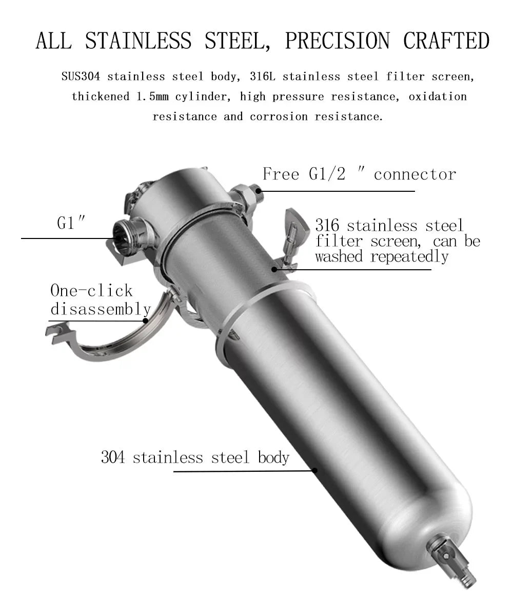 Front Water Filter Housing 10 inch Filter 1 inch  for Whole House Water Purification 304 Stainless Steel 8000L/h
