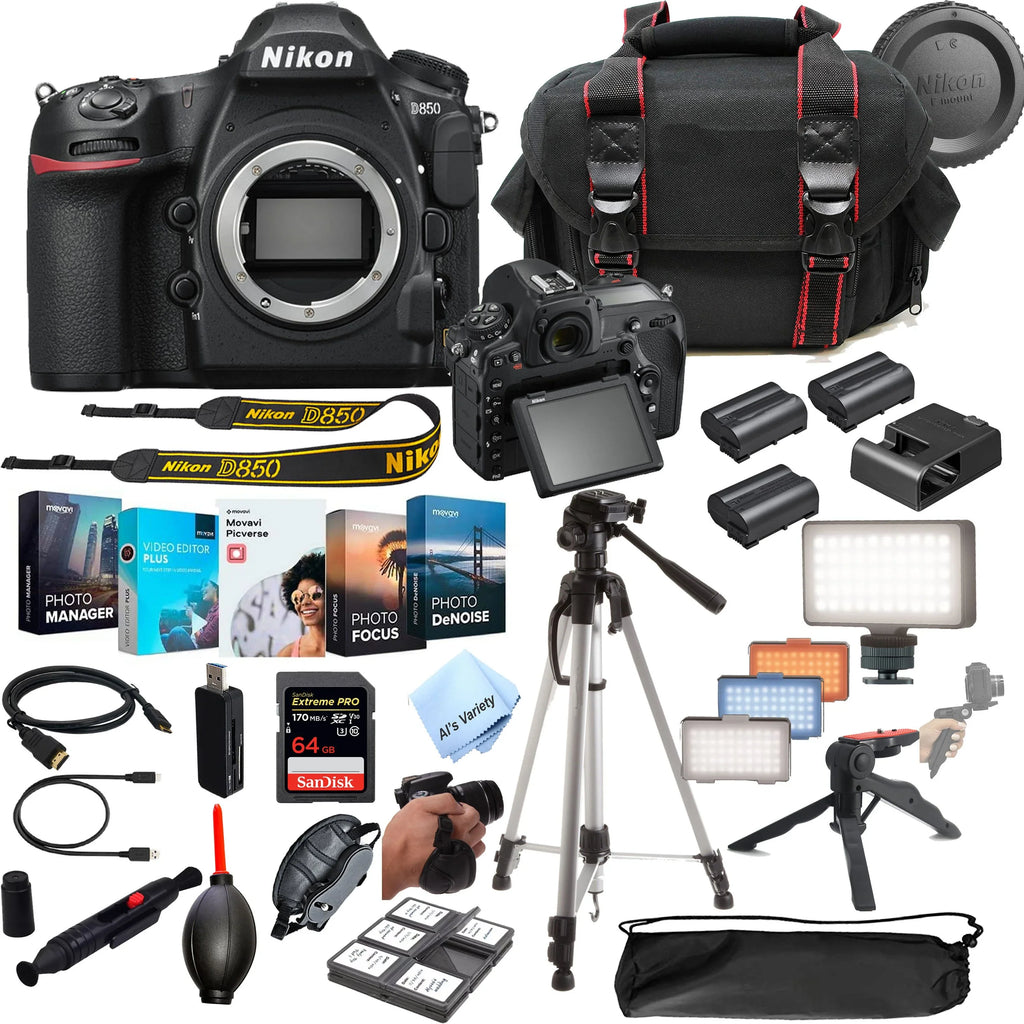 Nikon D850  Camera 45.7  Body No Lens- 64GB Extreme Speed Card,  Always on Light, Tripod,Gripod, Case, and More 30pc Video Bundle