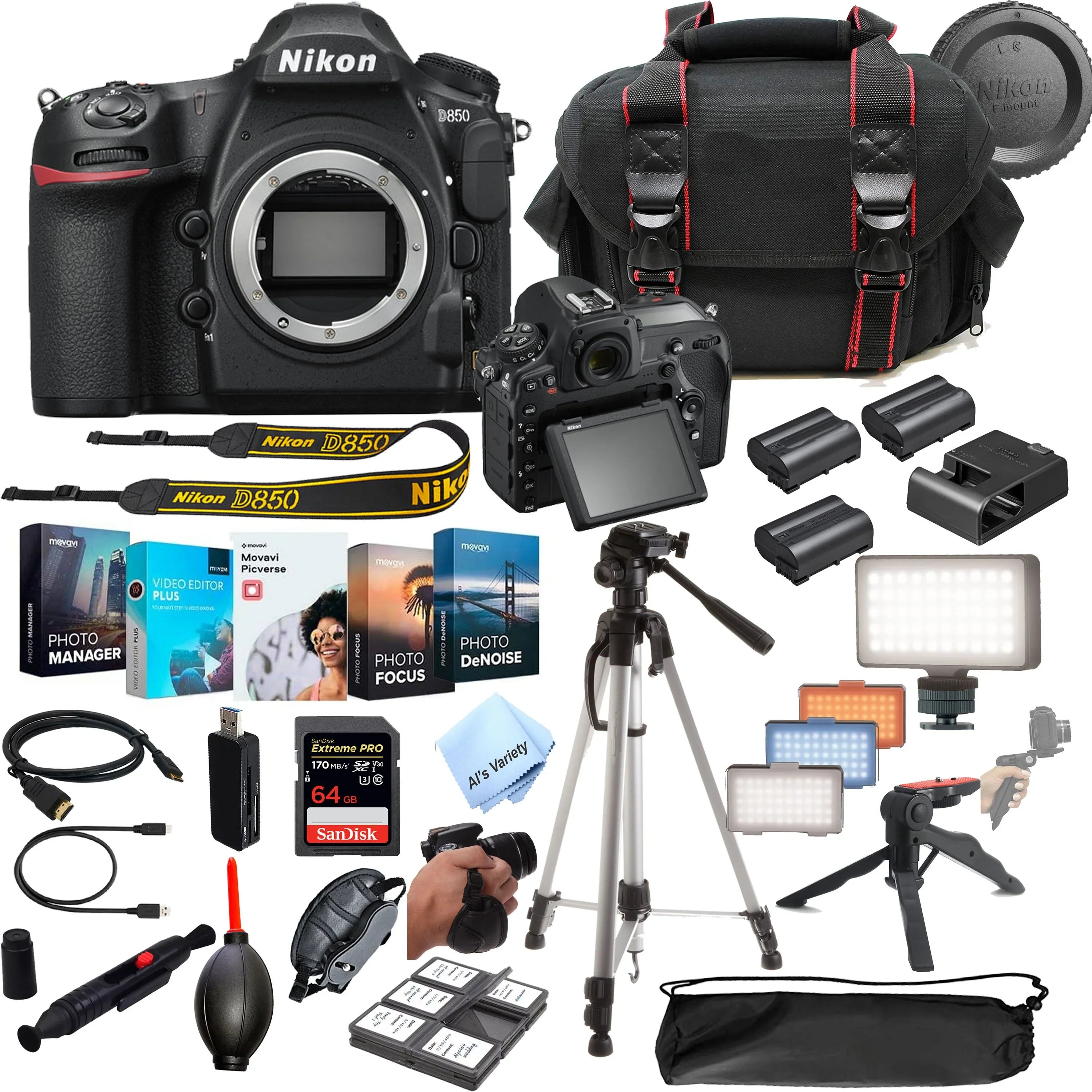 Nikon D850  Camera 45.7  Body No Lens- 64GB Extreme Speed Card,  Always on Light, Tripod,Gripod, Case, and More 30pc Video Bundle