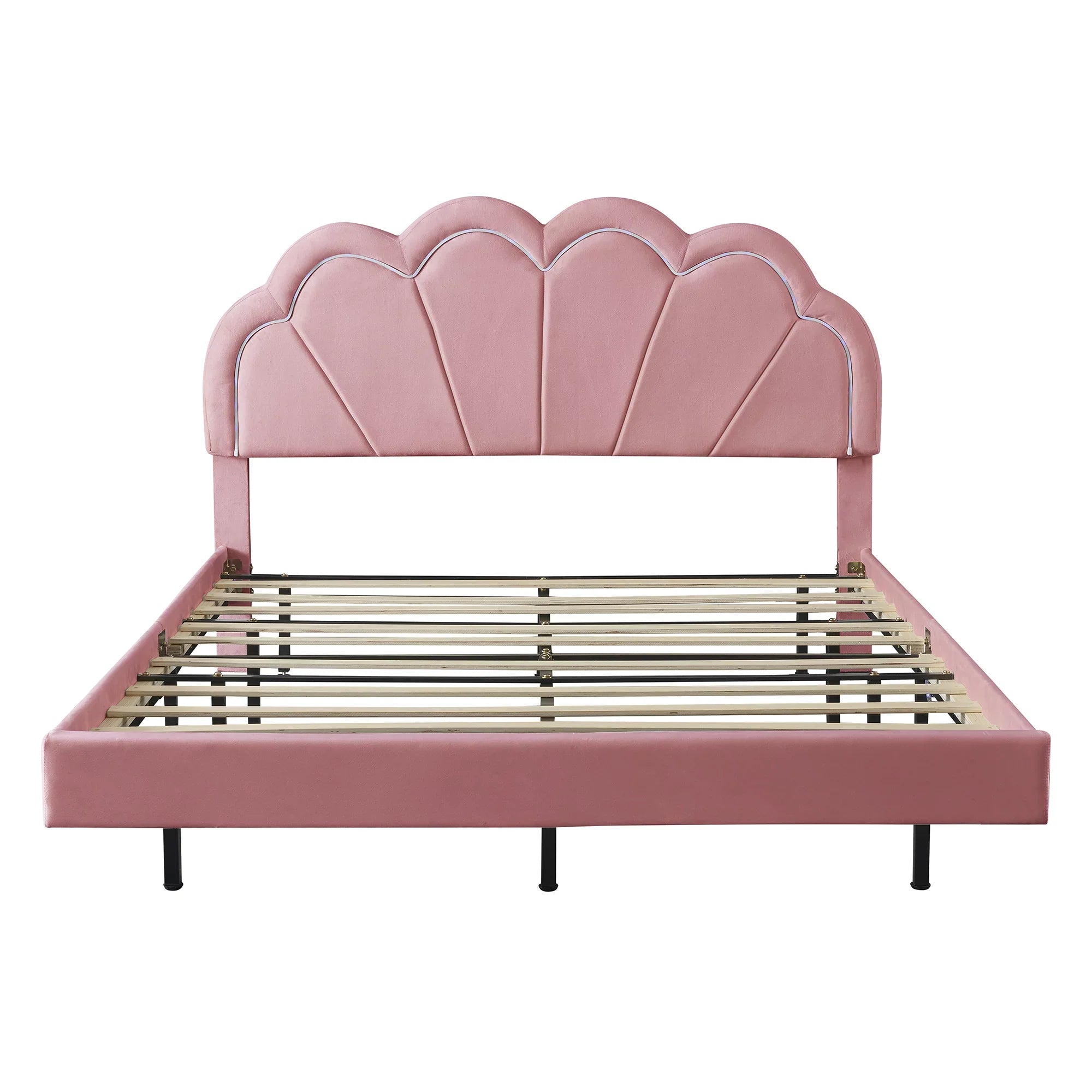 CoSoTower Queen Upholstered Smart  Bed Frame with Elegant Flowers Headboard,Floating Velvet Platform  Bed with Wooden Slats Support,Pink