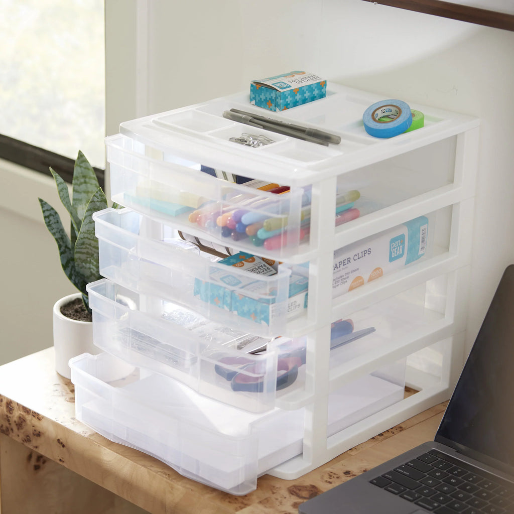 Gracious Living 4 Drawer Desktop Storage w/ Organizer Lid, White (4 Pack)