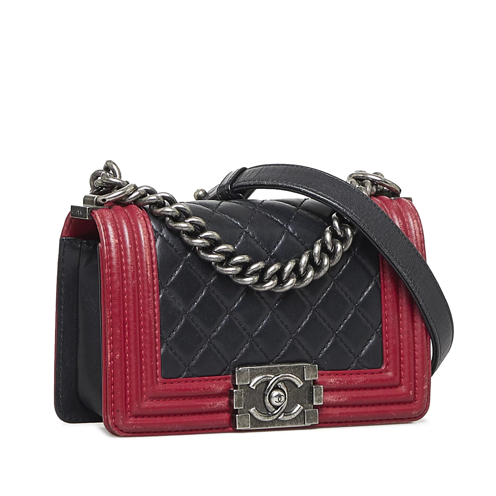 Pre-Owned Authenticated Chanel Small Bicolor Boy Calf Leather Black Shoulder Bag Unisex (Good)