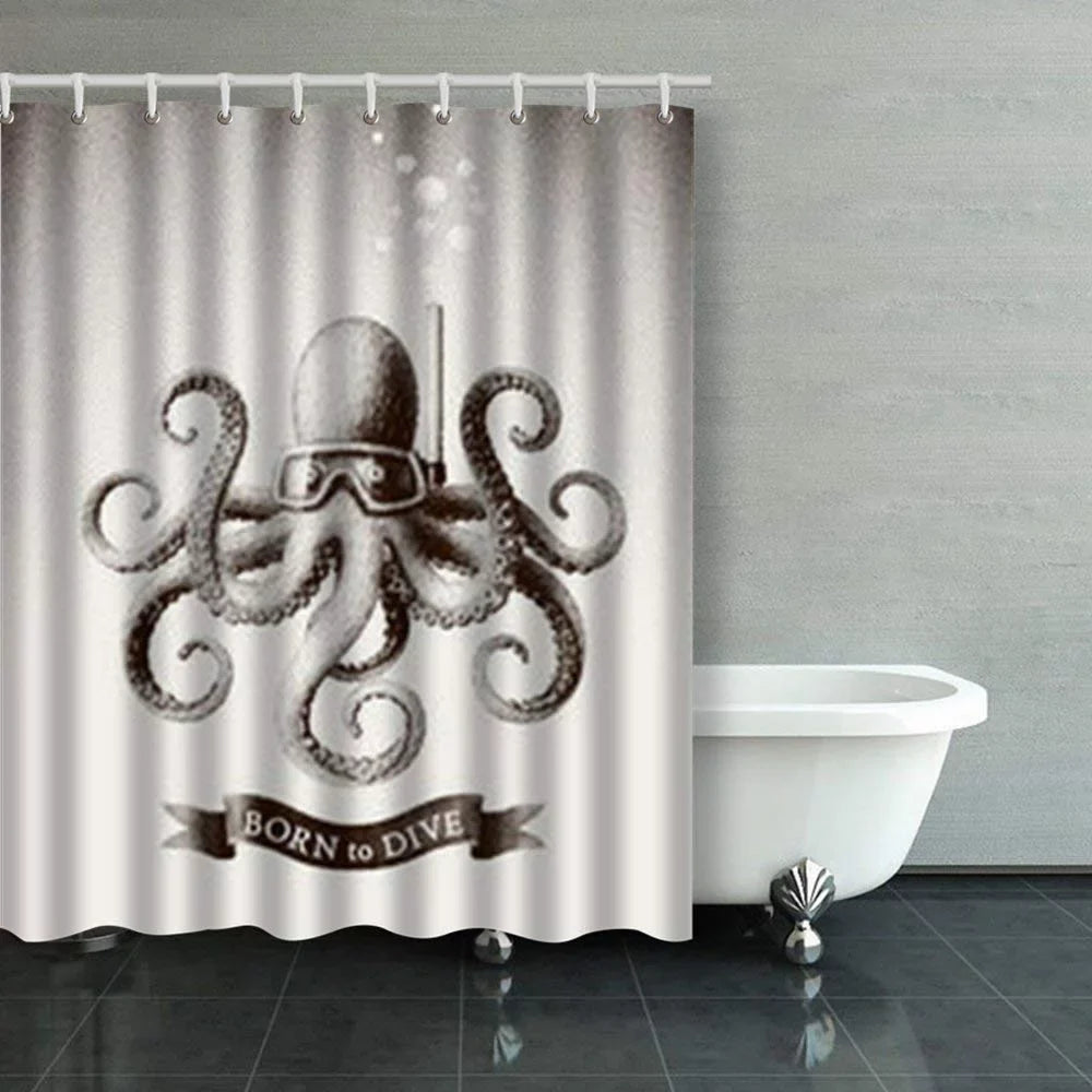Octopus Wearing Mask Diving Under Water Vintage Scuba Shower Curtains Bathroom Curtain 60x72 Inch