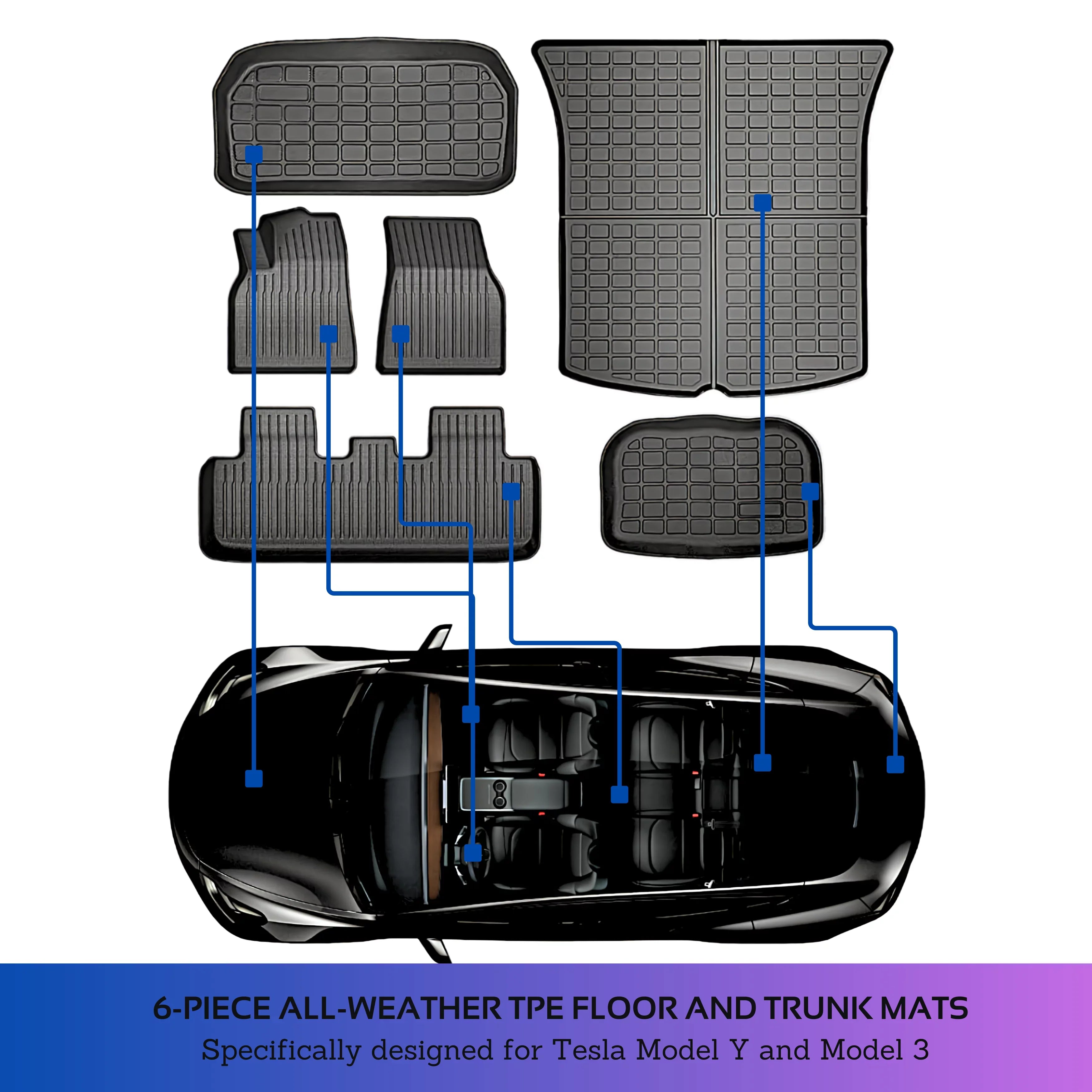 BunnyBird 6-Piece All Weather  Floor Mat Cargo Liner Trunk Mat for Tesla Model 3-5-Seater 2020-2023 Car Accessories