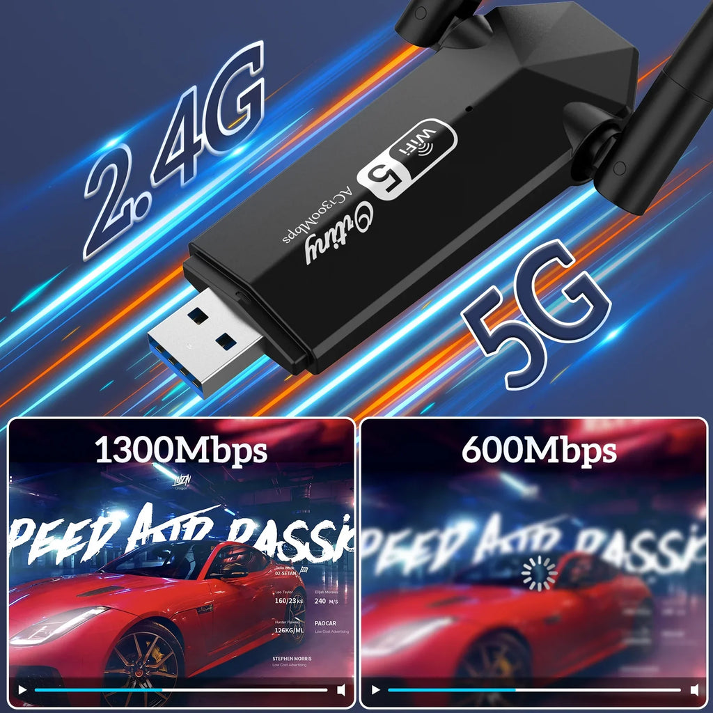 WiFi Adapter, Ortiny 1300Mbps WiFi  Dual Band 5G/2.4G Wireless Network Adapter for Desktop Laptop , Dual Band WiFi Dongle Wireless Adapter for Supports Windows 11/10/8/7, Mac  10.9-10.15