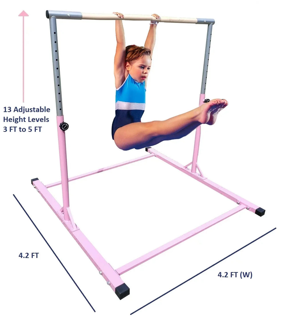 Pro-Gymnastics Expandable Gymnastics Kip Bar Horizontal Bar Junior Gymnastic Training High Bar Asymmetric Bar 13 Level Height Adjustable 3 to 5  Cushioned Bar & Curved Legs (Pink)