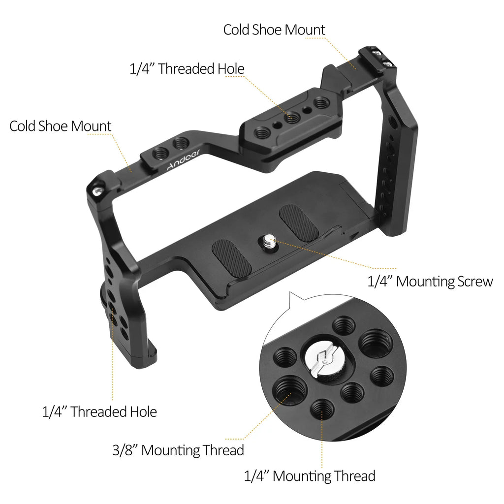 Andoer  Cage Aluminum Alloy Video Cage with Dual Cold Shoe Mounts Numerous 14 Inch Threads Replacement for Sony A7IV/ A7III/ A7II/ A7R / A7R / A7S