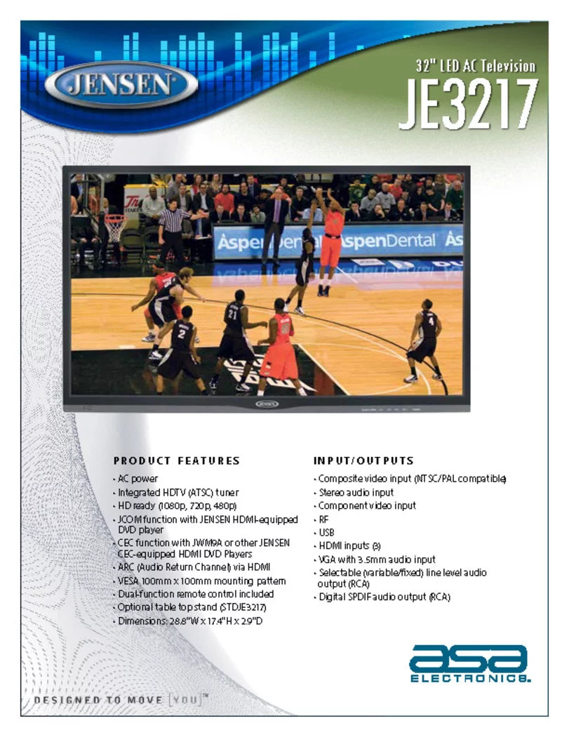 JE3217 32"   Television with Integrated  () Tuner and Remote Control, 1366 x 768 + Resolution,  Ready (1080p, 720p, & 480p), High Performance Wide 16:9  panel, 110V