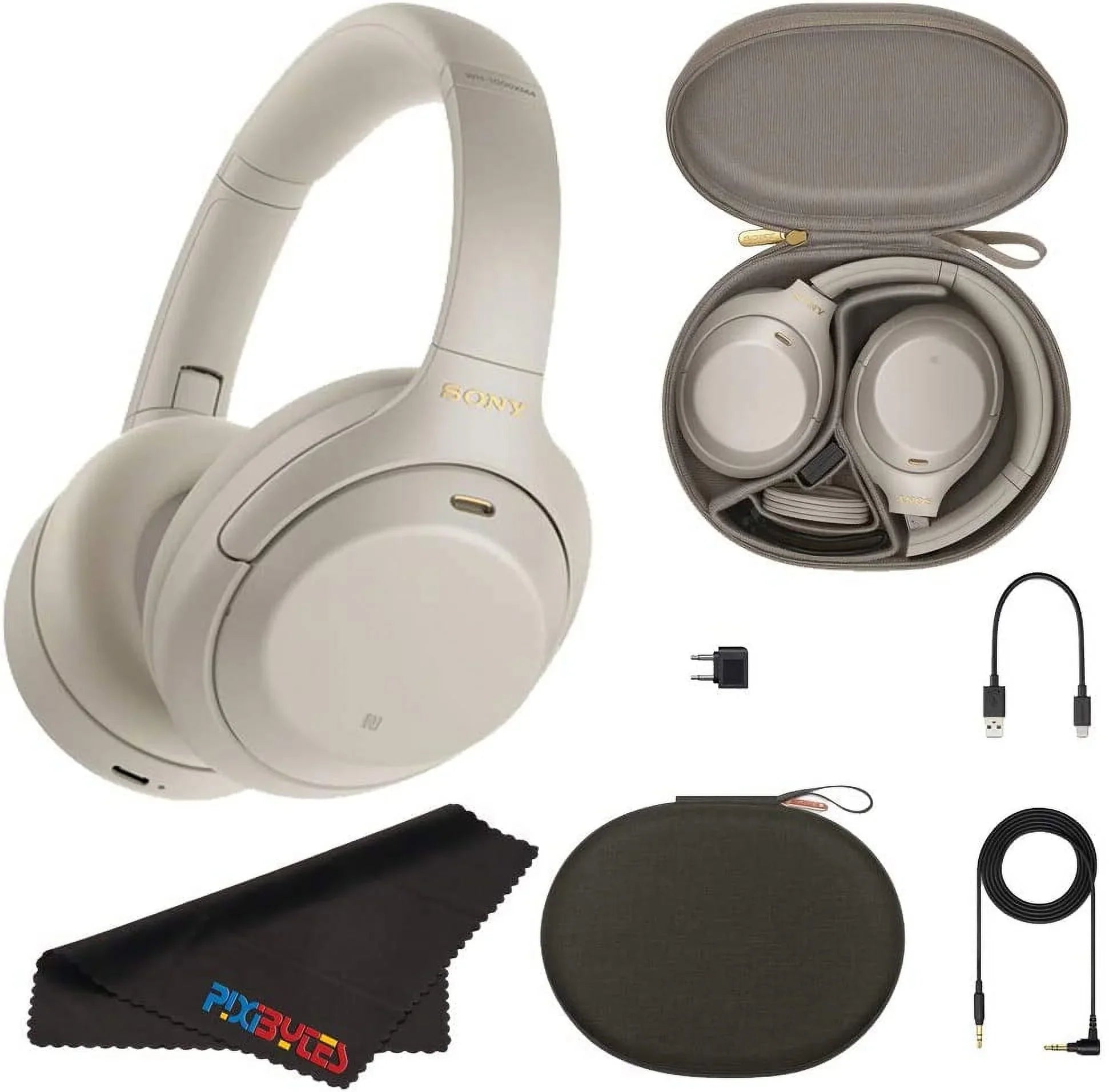 Sony -1000XM4 Wireless Noise-Canceling Over-Ear Headphones (Silver) +pixicloth