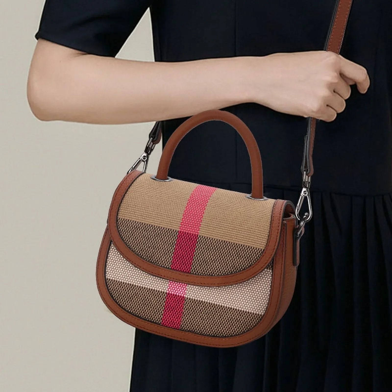 Aidrani   New Women's One Shoulder Crossbody Bag Canvas with Cowhide Saddle Bag