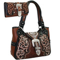 Black Floral Embroided Western Studded Shoulder Bag Wallet Set - Brown