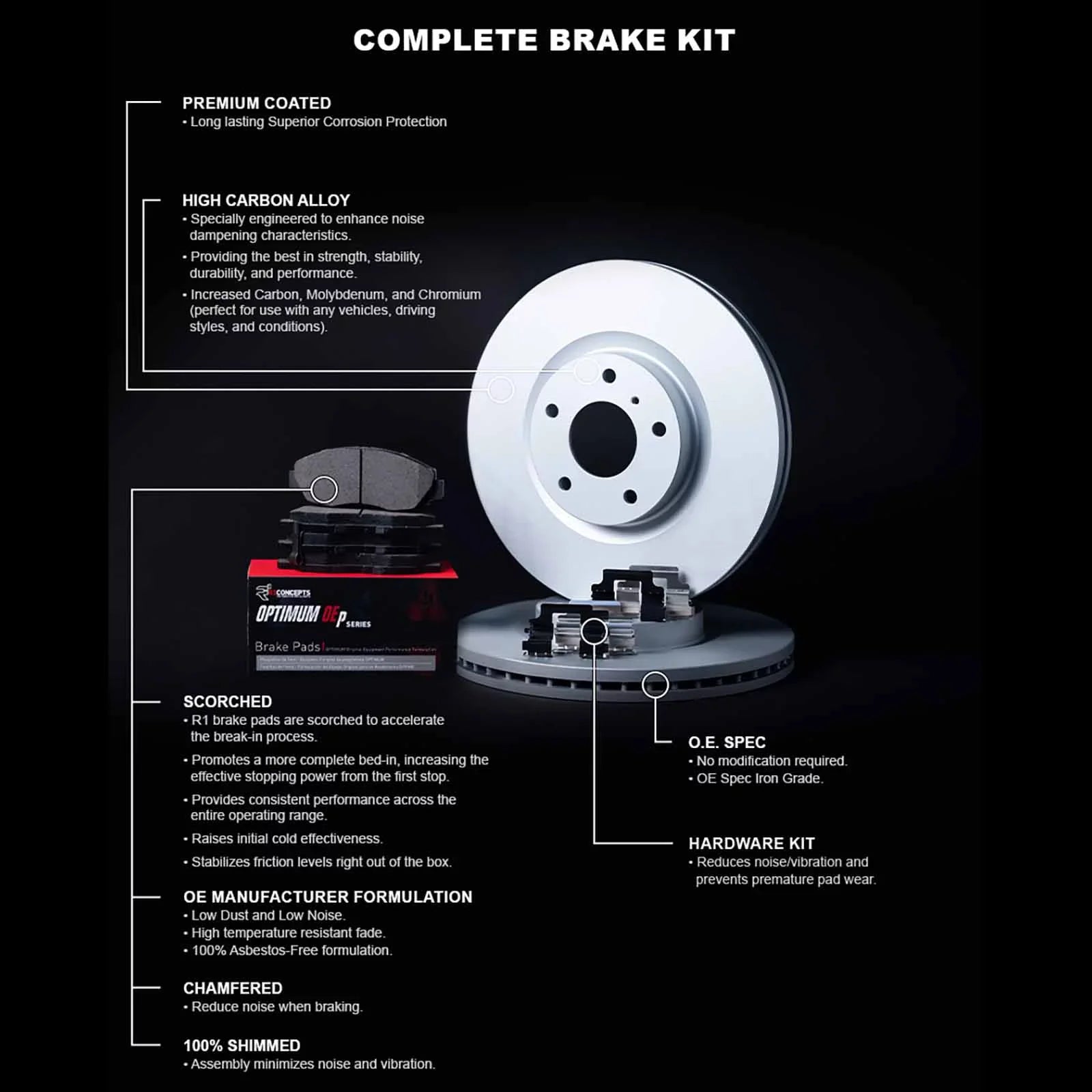 R1 Concepts Rear Brakes and Rotors Kit |Rear Brake Pads| Brake Rotors and Pads| Optimum OEp Brake Pads and Rotors |Hardware Kit WDUH1-76143