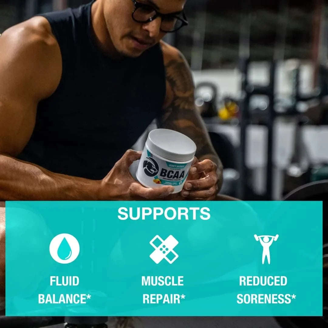 Honey Badger  Amino Acids Electrolytes Powder, Keto, Vegan, Sugar Free BCAAs +  with L-Glutamine For Men & Women, Hydration & Post Workout Muscle Recovery Drink Mix, Tropical Punch, 30 Servings