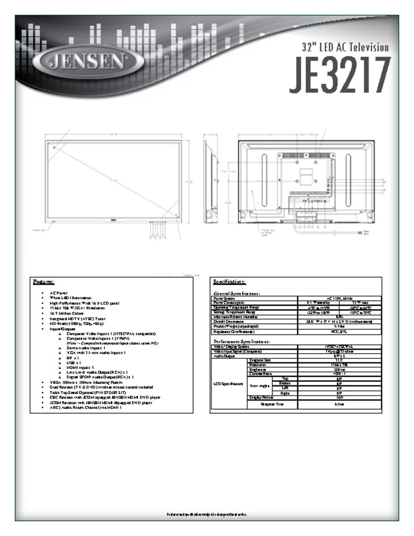 JE3217 32"   Television with Integrated  () Tuner and Remote Control, 1366 x 768 + Resolution,  Ready (1080p, 720p, & 480p), High Performance Wide 16:9  panel, 110V