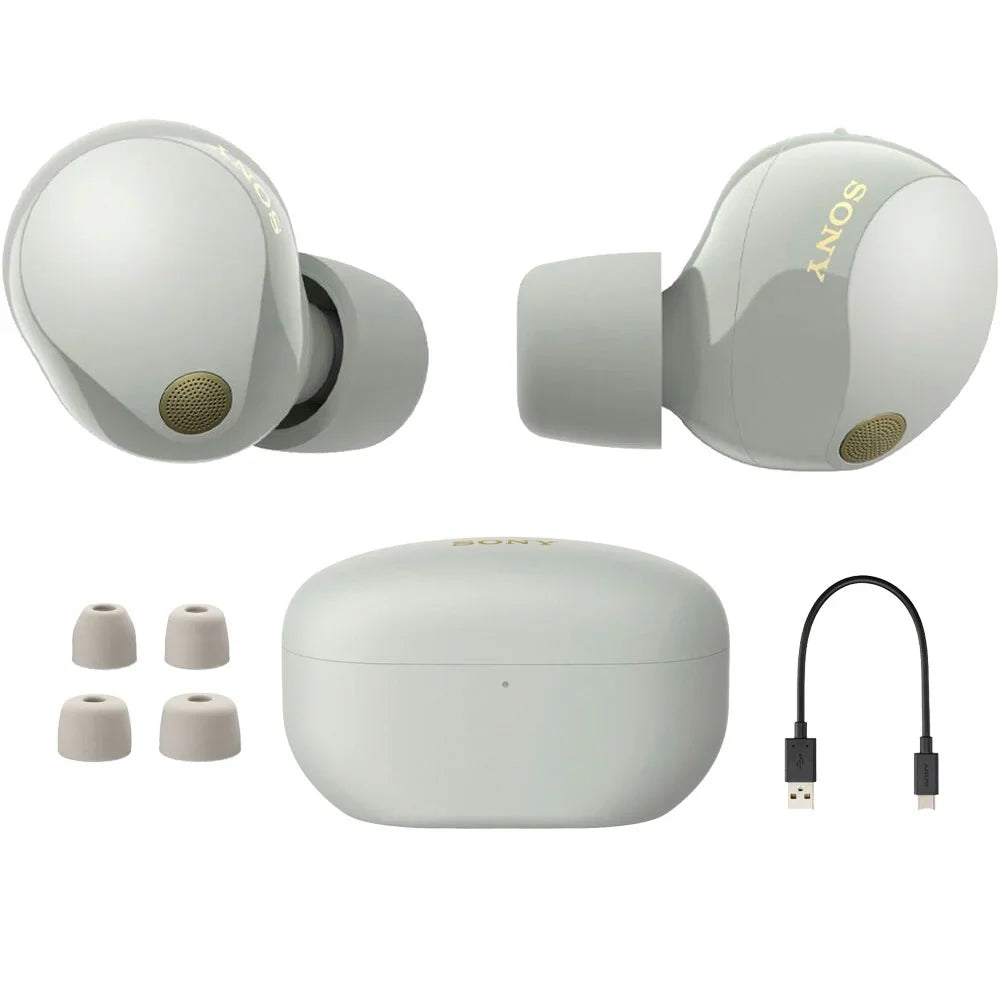 Sony -1000XM5 Industry Leading Noise Canceling Truly Wireless Earbuds (Silver) Bundle with Silicone Case (Pink), Memory Foam Ear Tips, -A to -C Cable & 1   Enhanced Protection Pack