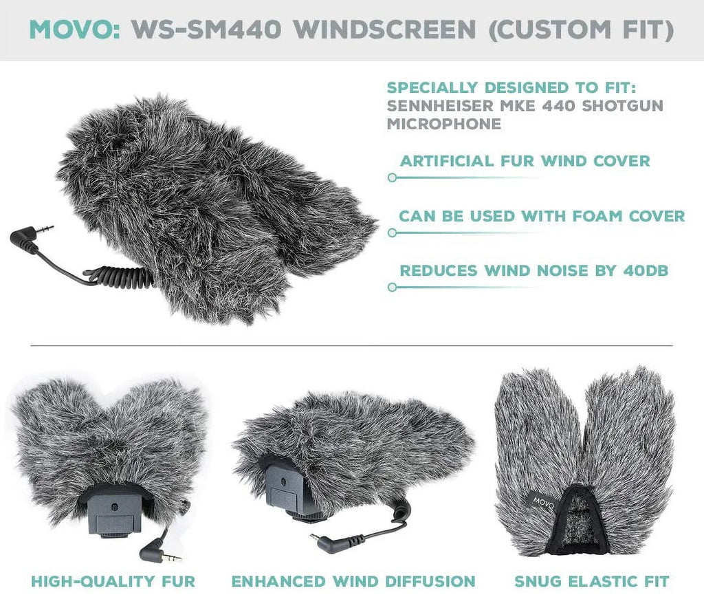 Movo -SM440 Furry Outdoor Microphone Windscreen Muff Custom Fit for Sennheiser  440 Compact Stereo Shotgun Microphone
