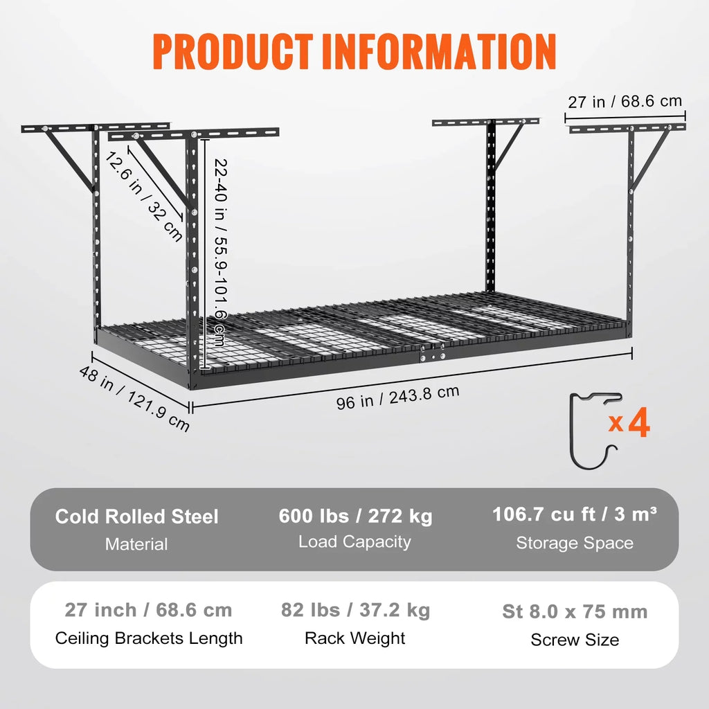 Overhead Adjustable Garage Storage Rack 48x96" Ceiling Rack 600 lbs Black