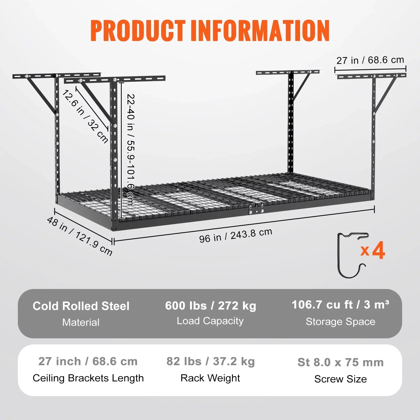 Overhead Adjustable Garage Storage Rack 48x96" Ceiling Rack 600 lbs Black