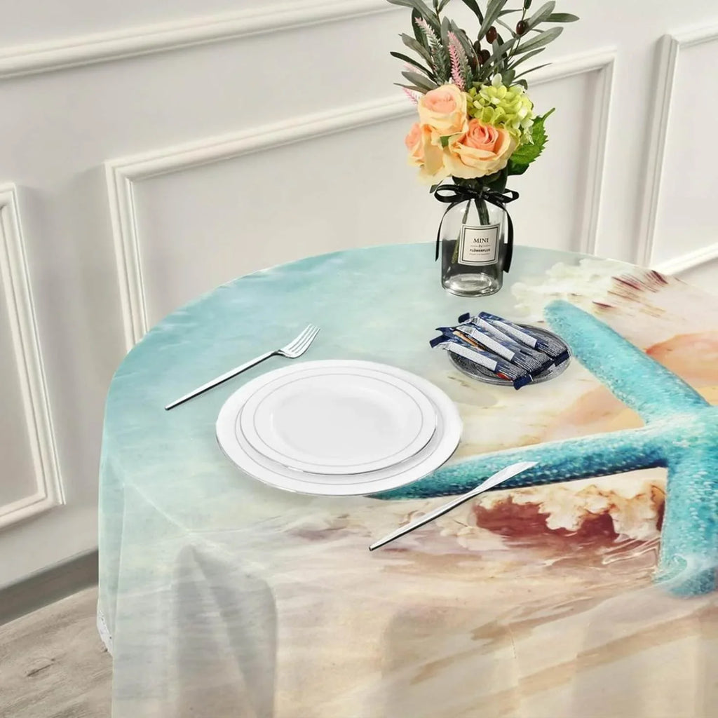 Starfish Summer Beach Round Tablecloth 60inch Indoor Wrinkle Free, Sea Wave Conch Circular Lace Table Cover Washable for Kitchen Party  Dining Decor